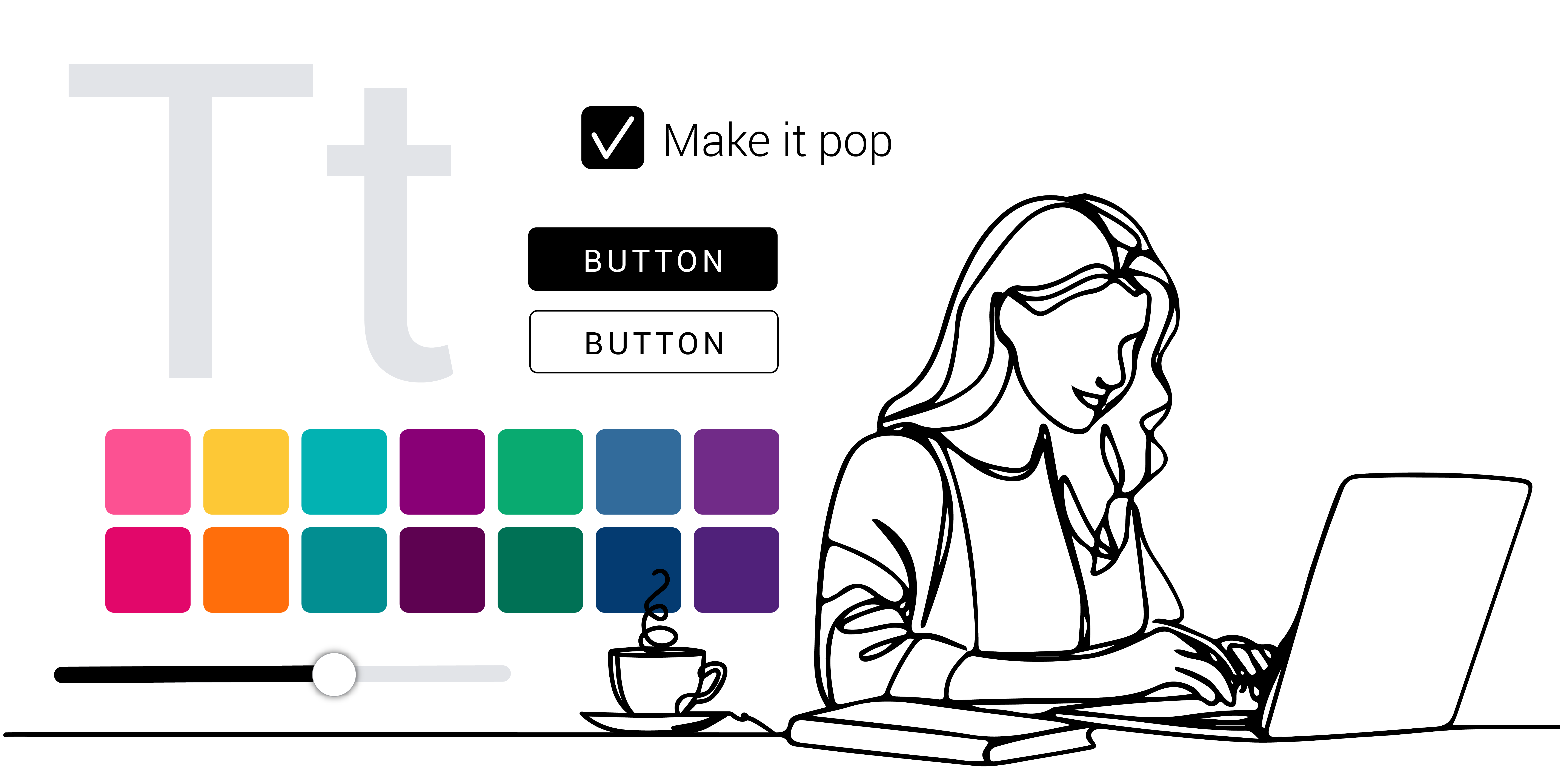 Illustration of interface design concept displaying typography, color selection, and button styling. Large and small letter 'T' symbols showcase font size adjustment, while an array of color swatches offers vibrant and neutral color choices. Two button styles are visible, one with an outline and one filled. A slider at the bottom allows for adjusting the opacity or brightness of the selected color.